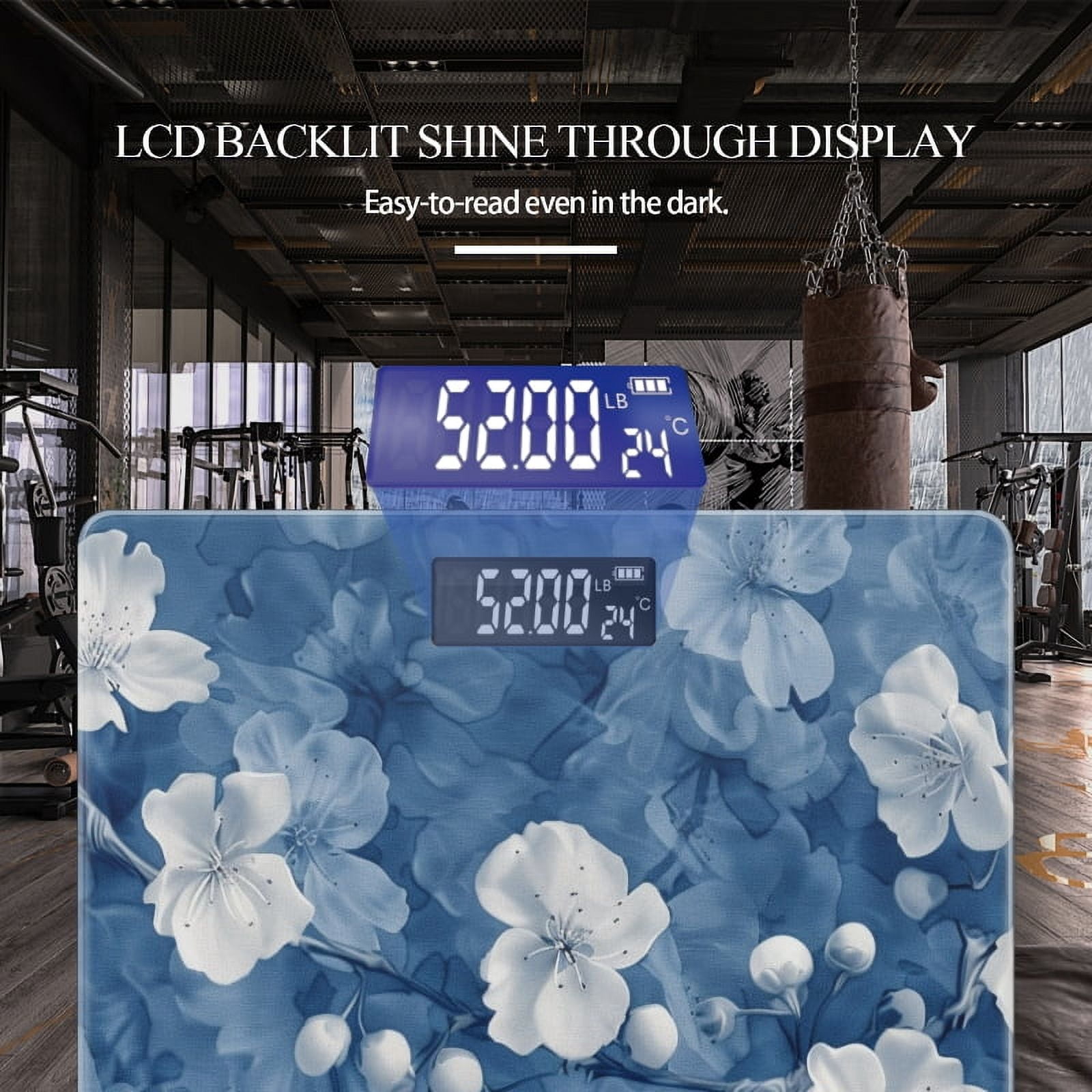 Bathroom Scale, Highly Accurate Digital Body Scale,Precisely Measures Weight up to 400 lbs-Blue Background With White Flowers