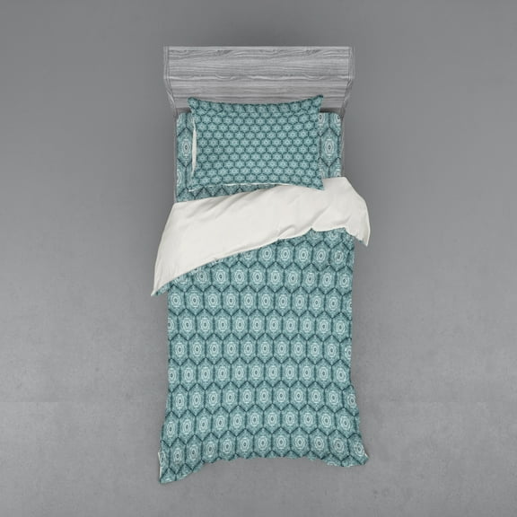 Ambesonne Abstract Bedding Set 3 Pcs, Growth Rings Circles, Twin, Dark Teal and Pale Blue