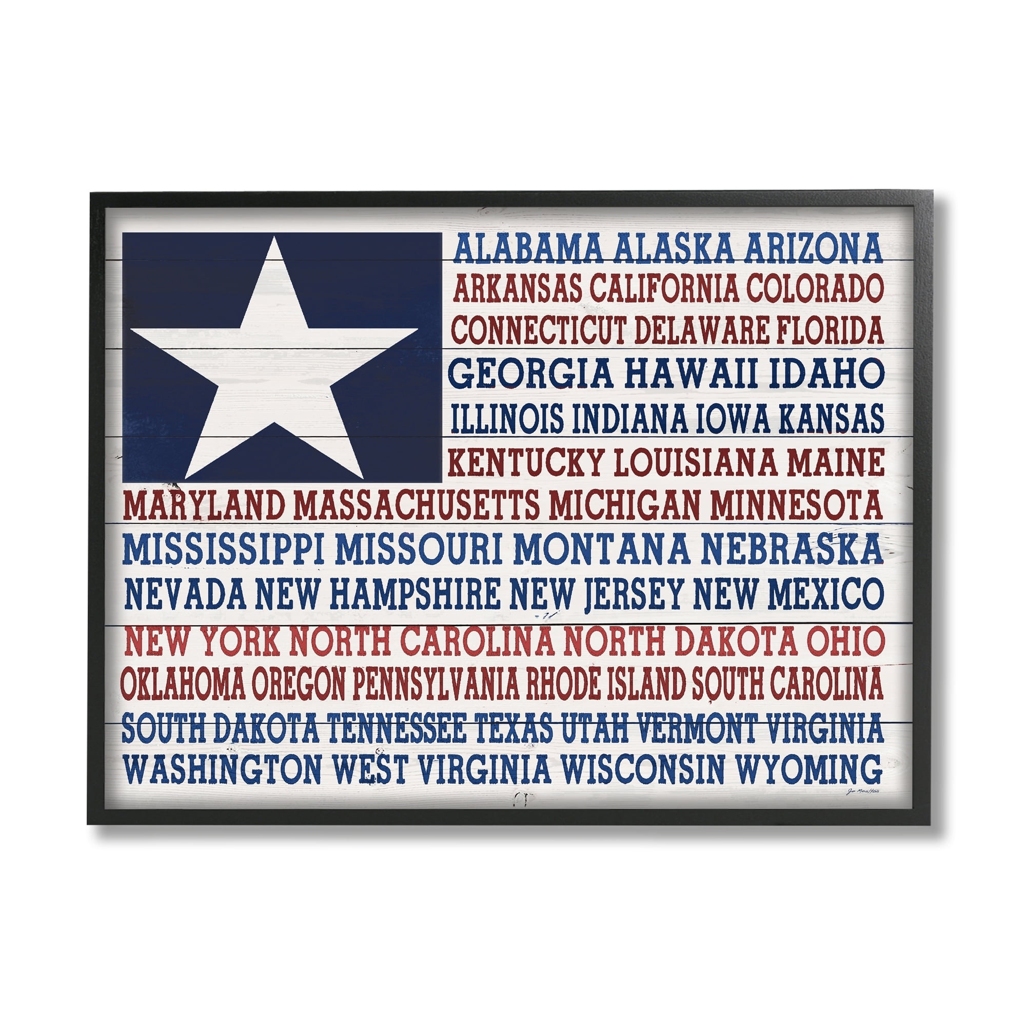 Jo Moulton Star Patriot Flag Listed State Typography Sign 20 in x 16 in Framed Painting Art Print, by Stupell Home Décor