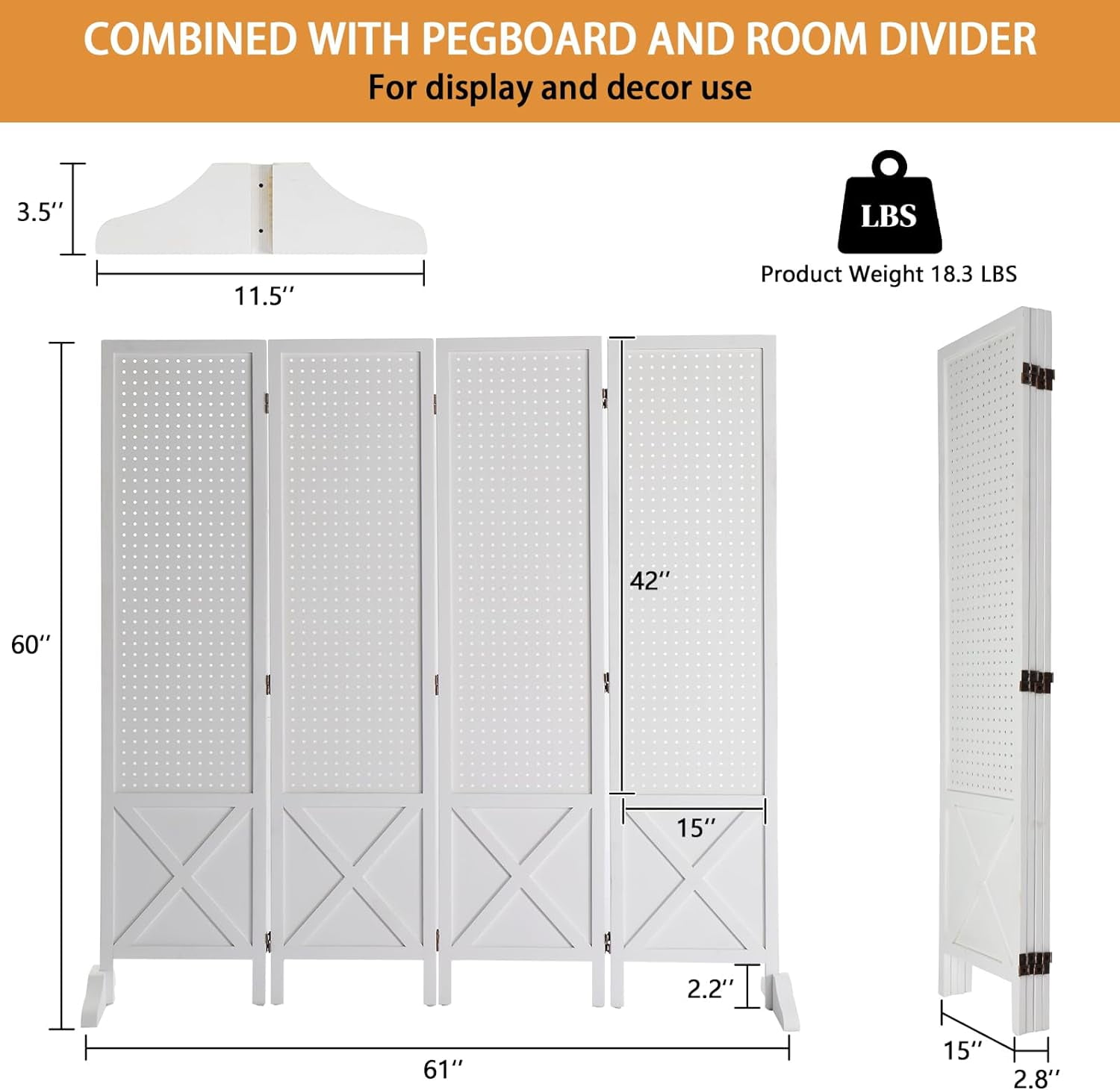 VINGLI Freestanding Pegboard with Support Feet, 5 FT Wood Room Divider Display Board Organizer, Folding Privacy Screen Partition Space Separator for Craft Shows Events Retail