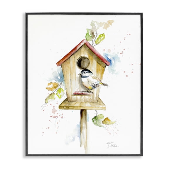 Stupell Industries Rustic Lodge Spring Garden Bird House Backyard Robin Illustration Black Framed Giclee Art, 11 x 14, by Patricia Pinto
