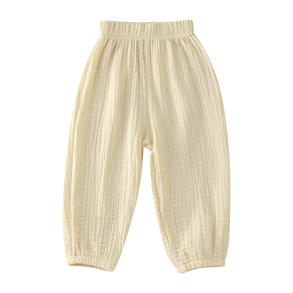 AWZXDE Pants For Girl Soft Double Layer Crinkle Jogger Casual Nine Quarter Pants Elastic High Waist Breathable Friendly Loose Fit Lightweight Home Walk Daily Trousers Beige - 130