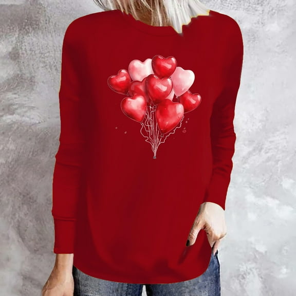 VgaVtl T-Shirt Women Valentines Day Cotton Long Sleeve Ladies Plus Size Tops Heart-shaped Funny Red Holiday Relaxed Fit Tops,XXL
