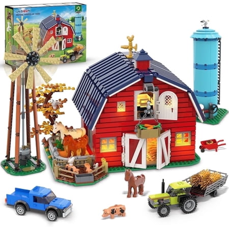 HogoKids Farm Barn Building Set with LED – 1405 PCS Western Farm House, Windmill, Tractor, Animals, and More, Construction Toy for Ages 10+