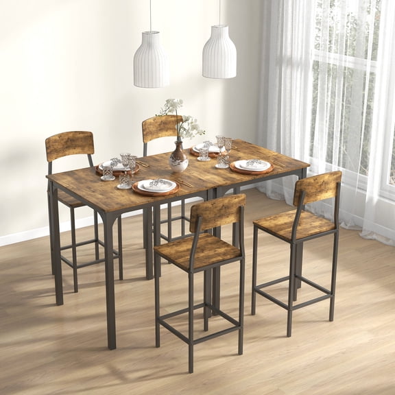 Dining Sets HOMCOM 3 Piece Counter Height Bar Table and Chairs Set, Industrial Small Dining Table Set for 2, Square Kitchen Table and Stools with Steel Frame, Rustic Brown and Black,Wooden Dining Set
