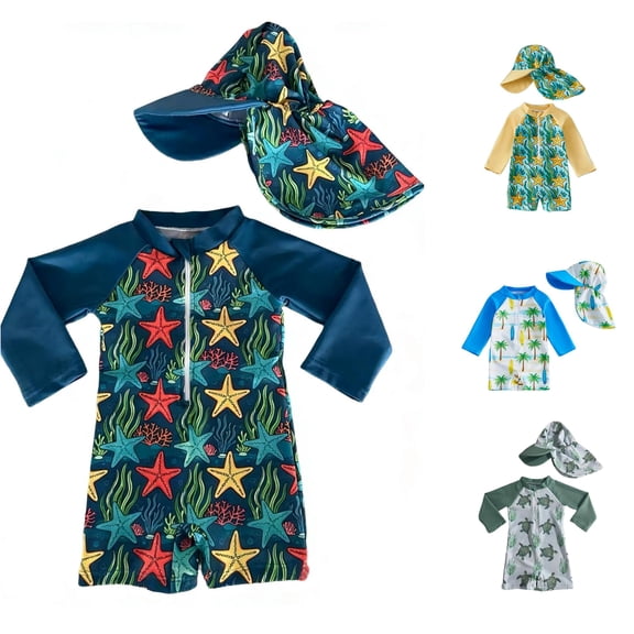 Rggeeun Child Boys Swimsuit Set 2Pc Cute Animal Print Long Sleeve Crew Neck Elastic Above Knee with Cover Up Hat for Summer Pool Training Stretchy Swim Wear,Blue,3-6 Months