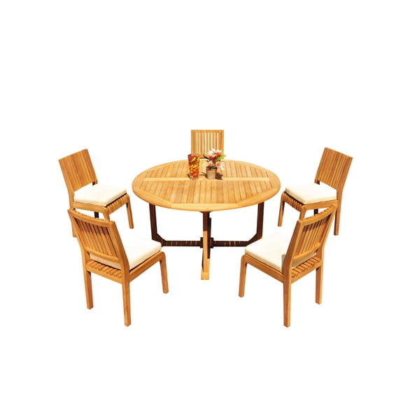 Grade-A Teak Dining Set: 5 Seater 6 Pc: 60" Round Table And 5 Maldives Armless Chairs Outdoor Patio WholesaleTeak #51ML1206