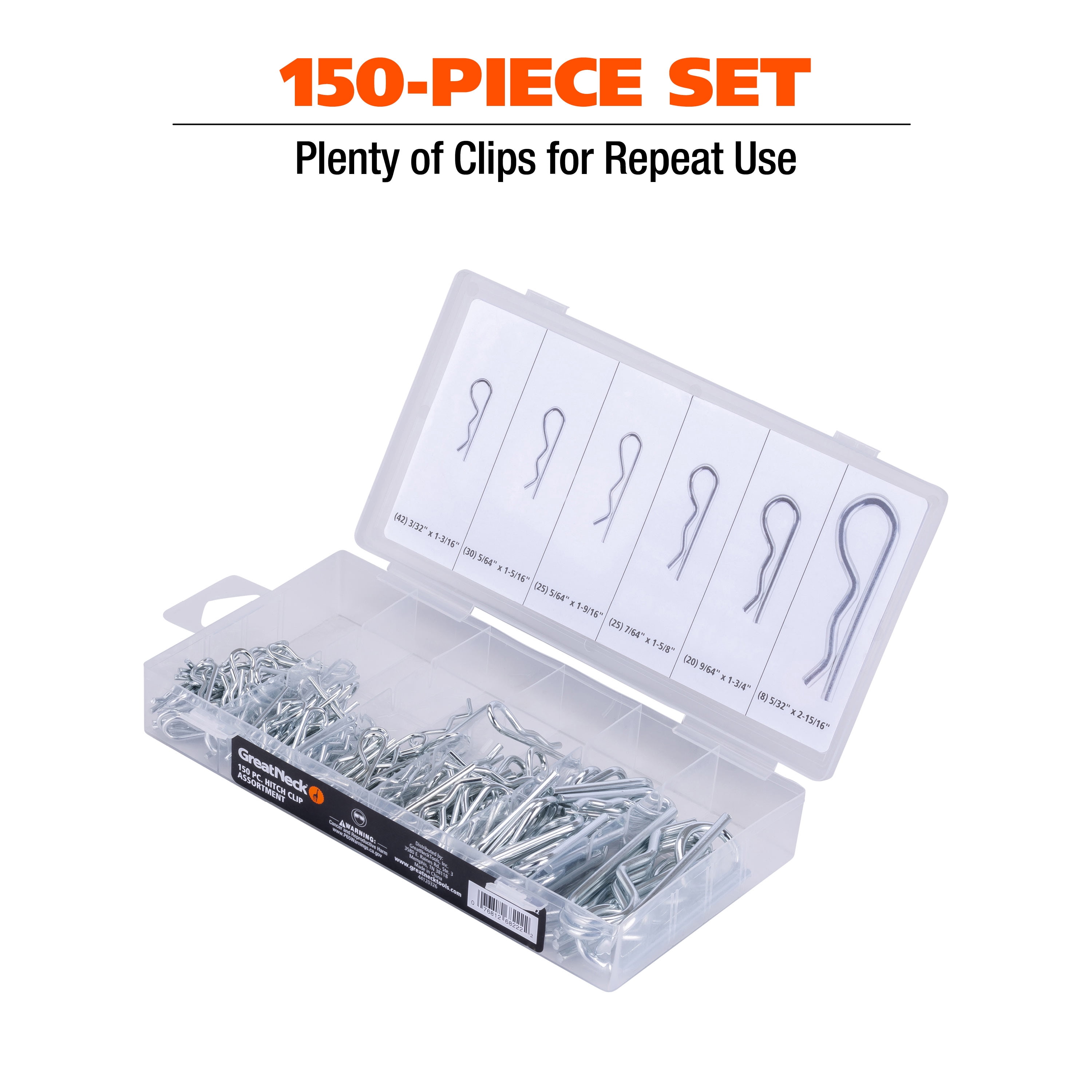 Great Neck Tools Hitch Clip Assortment, 150 Piece Set