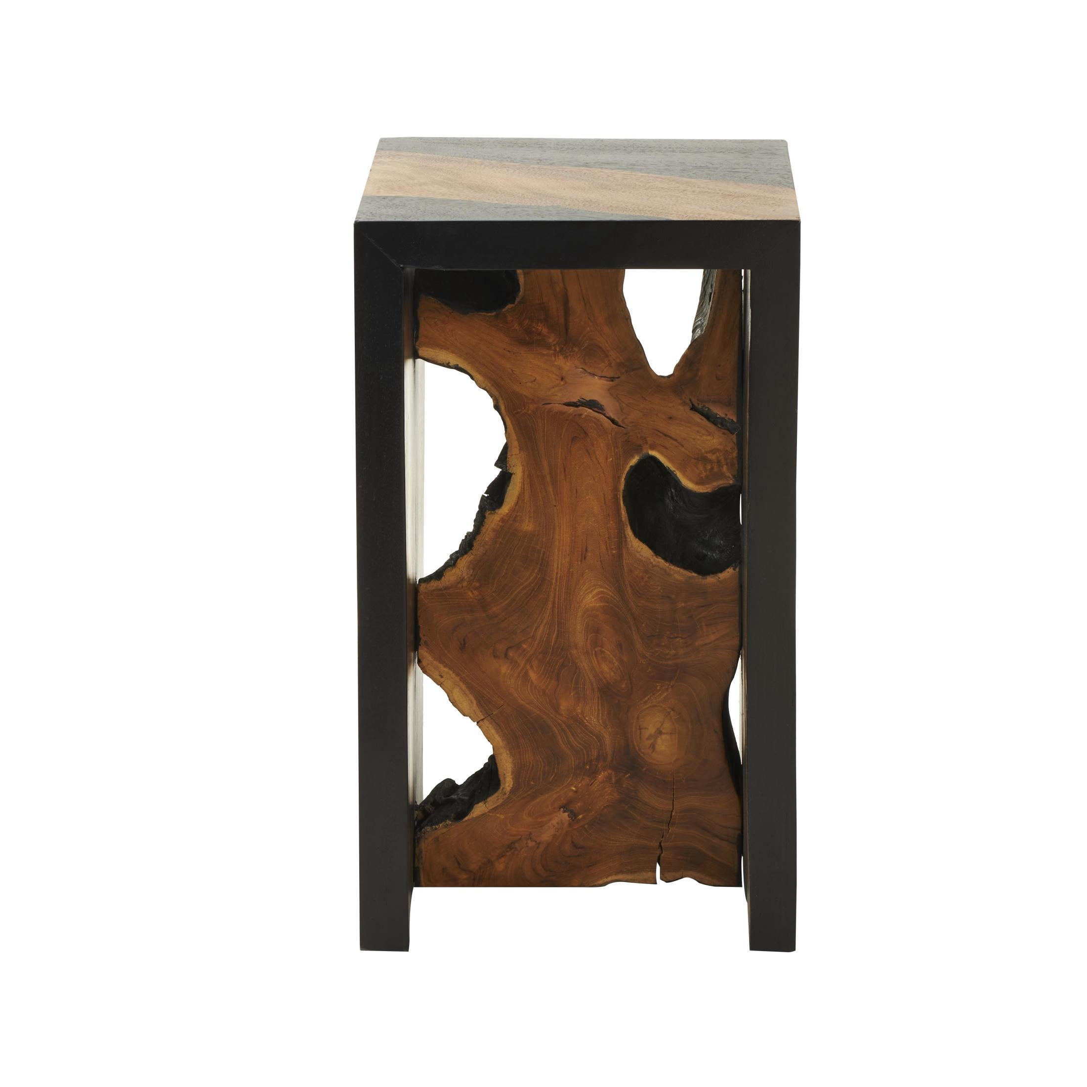 DecMode 14" x 24" Black Wood Handmade Block Accent Table with Brown Live Edge Wood Interior, 1-Piece
