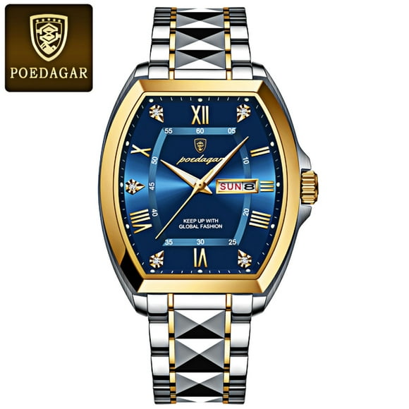POEDAGAR Luxury Stainless Steel Quartz Blue Men Watch Luminous Waterproof Date Tonneau Case Watch