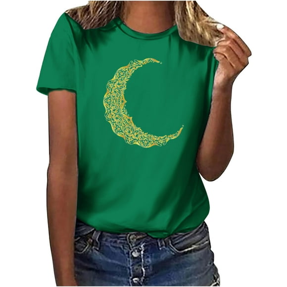 Penkiiy Muslim Ramadan T-Shirt for Women Women's Cute Graphic T-Shirts Crewneck Short Sleeve Moon PrintCasual Tee Tops XL Mint Green