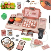 35 Pcs Toy Cash Registers for Kids, Pretend Play Cash Register with Scanner, Sound, Play Food, Credit Card, Count Learning Toys, Grocery Store Play Toys for Boys & Girls, Pink