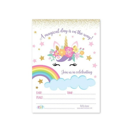 25 Floral Unicorn Kids Party Invitations
