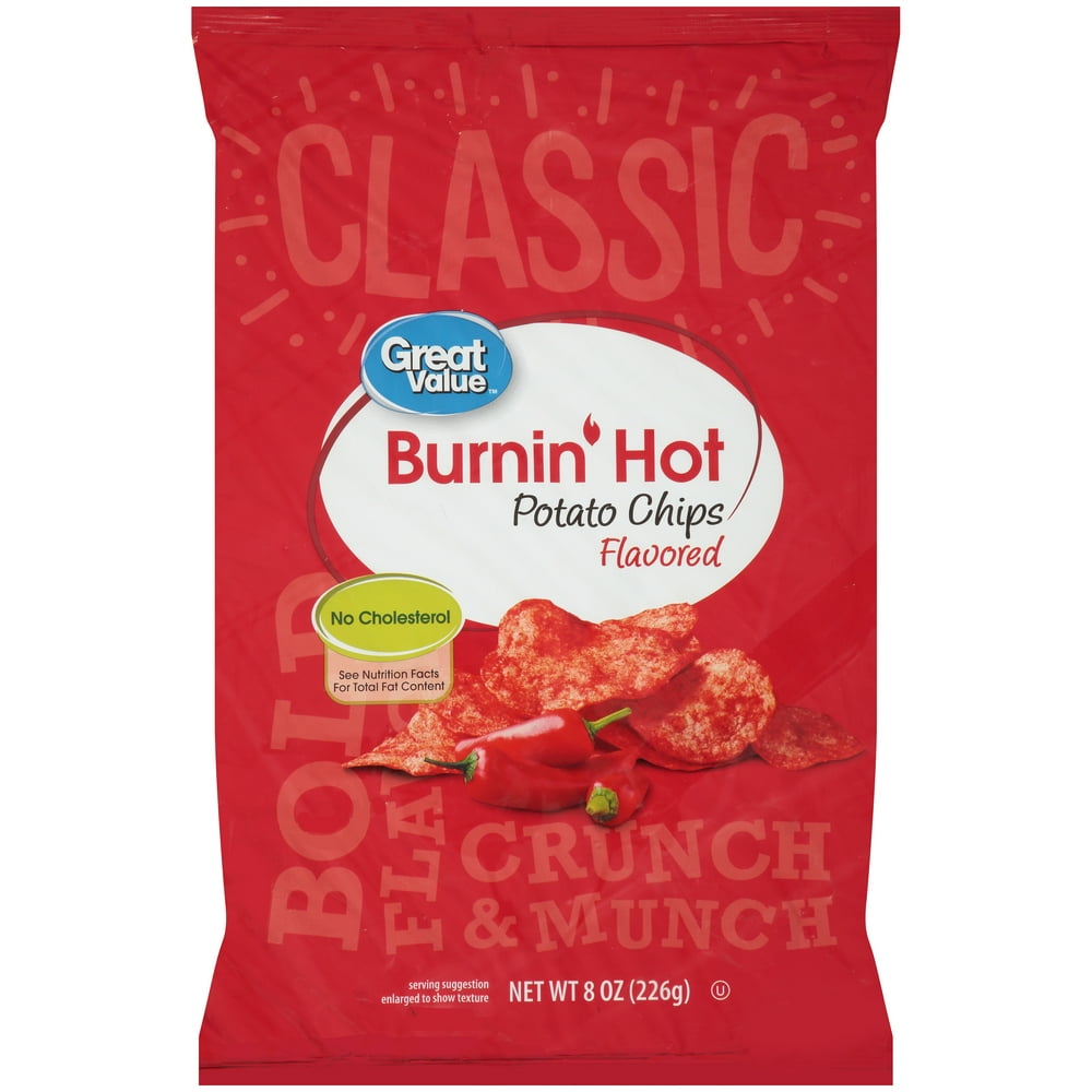 Great Value Burnin' Hot Flavored Potato Chips, 8 oz
