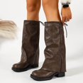 thumbnail image 6 of Viluyesy Womens Knee High Boots Round Toe Block Heel Crinkled Faux Leather Back Drawstring Layered Wide Shaft Trendy Street Boots Khaki Size 9, 6 of 6
