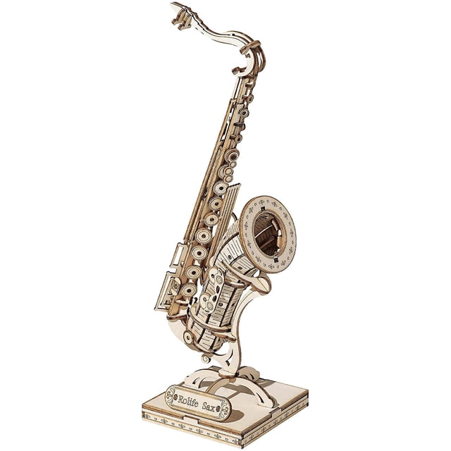 Modelo de instrumento musical de saxofón con forma de rompecabezas de madera en 3D para adultos