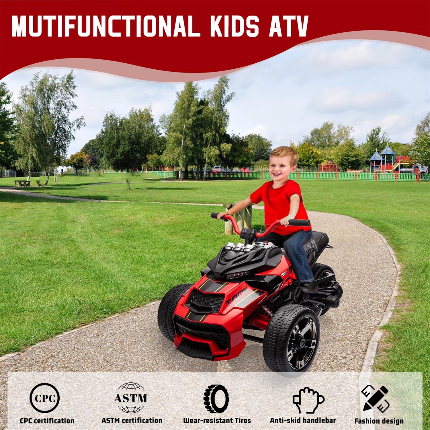12V Kids Ride On ATV Car,3 Wheeler Motorcycle Electric Vehicle ATV with EVA Tire, LED, Music,Ride on Car Toy for Boys and Girls