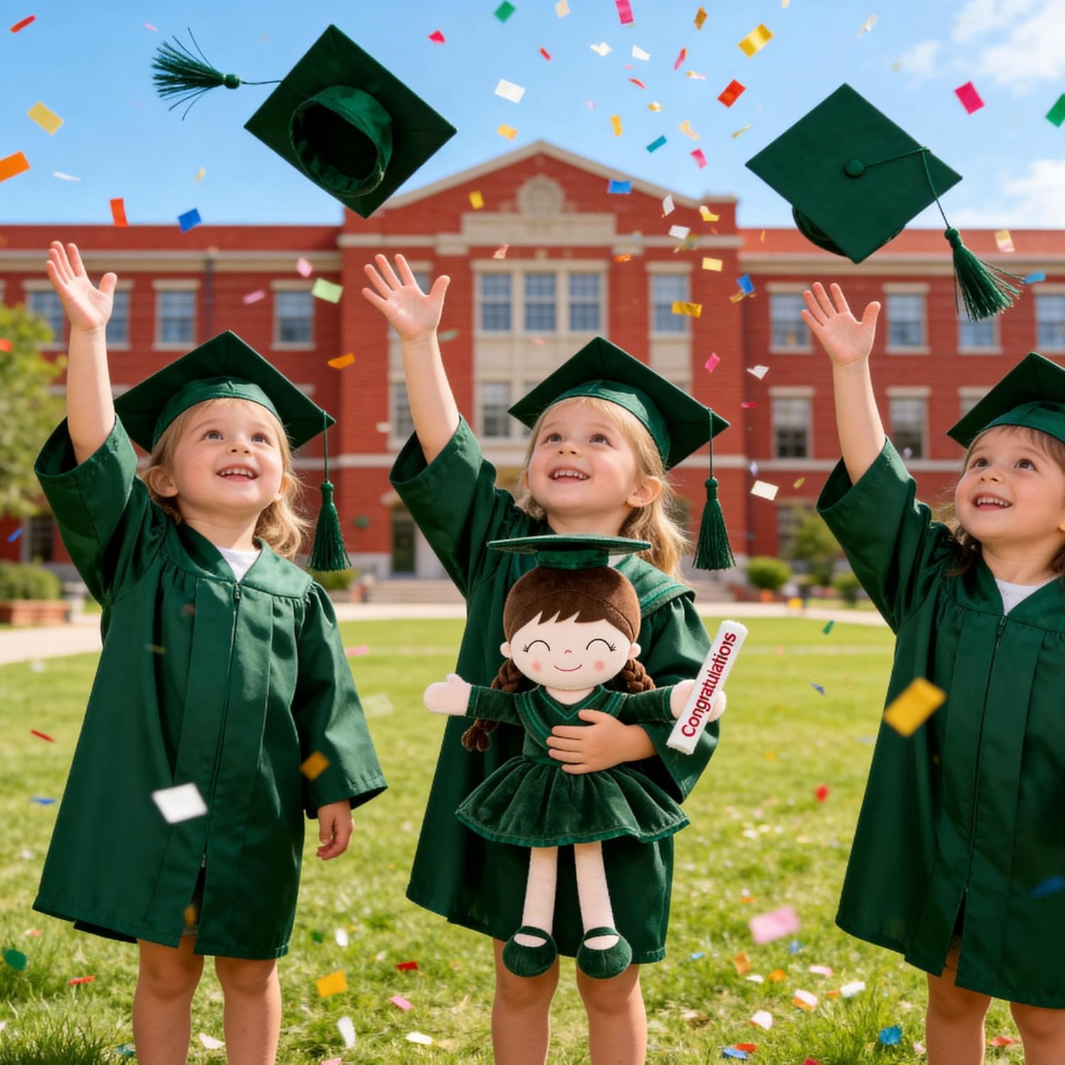 Gloveleya 16" Dark Green Graduation Doll - Elegant Plush Scholar Doll with Cap & Gown - Kindergarten Graduation Keepsake, Class of 2026 Achievement Gift