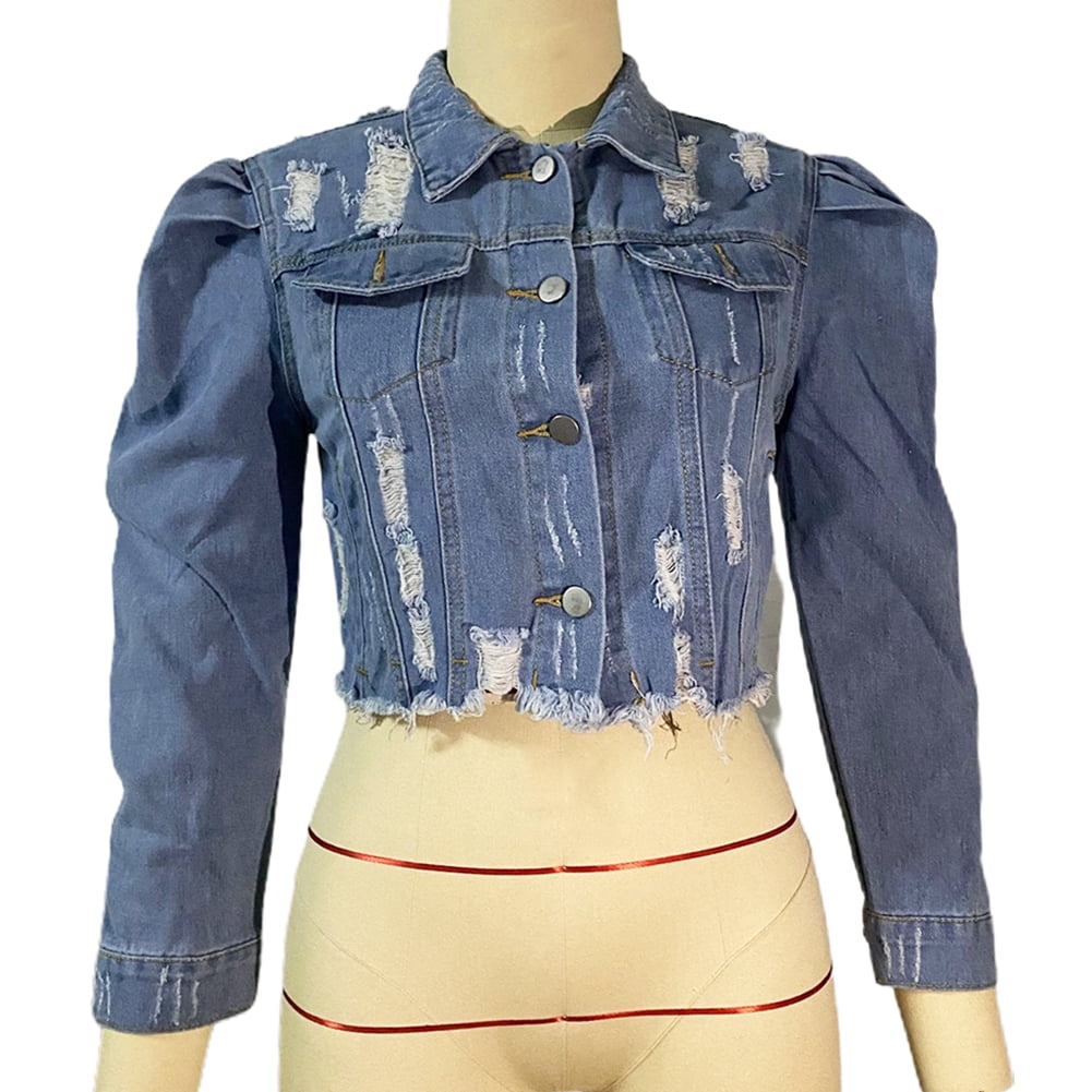 Mqing Autumn Women Sexy Long Sleeve Pocket Ripped Denim Jacket Streetwear Short Coat, Women's, Size: Medium, Blue