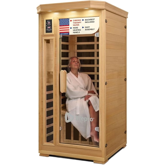 LifePro RejuvaCure 1 Person Infrared Sauna for Home – Canadian Hemlock Wood Indoor Sauna with Bluetooth, Oxygen Ionizer, Tempered Glass Door & 7 Chromotherapy Lights