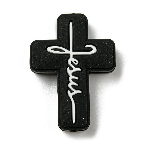 20pc Cross with Word Jesus Silicone Focal Beads Black 30x22x8mm Hole: 2mm