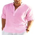 thumbnail image 1 of CHOK Men Roll Tab 3/4 Sleeve Shirt Summer Button Collar Cotton Linen Blouse, 1 of 2
