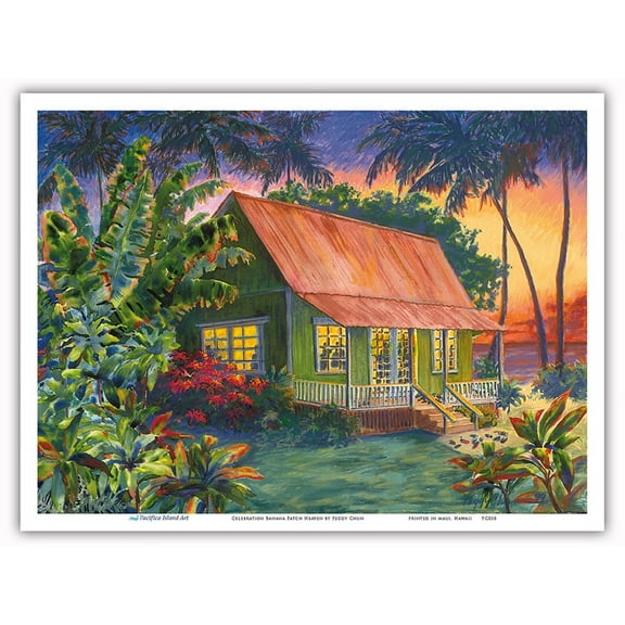 Celebration at Banana Patch - Hawaiian House (Hale) at Sunset - From an Original Hawaii Watercolor Painting by Peggy Chun - Master Art Print (Unframed) 9in x 12in