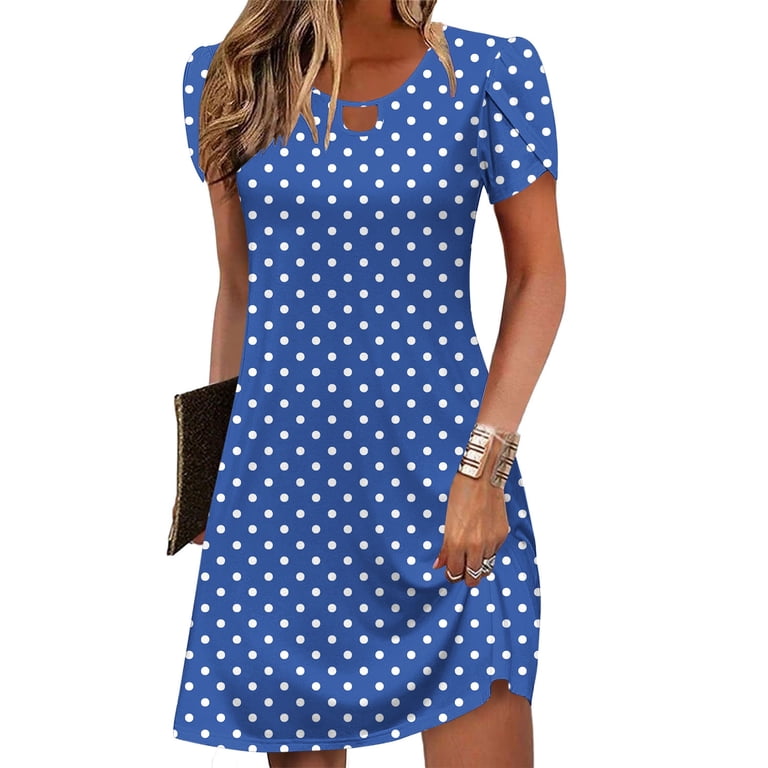 SMihono Women's Casual A-Line Dresses with Pockets Summer Polka Dot Print  Tshirt Dress Short Sleeve Mini Dress Flowy Sundresses Blue M