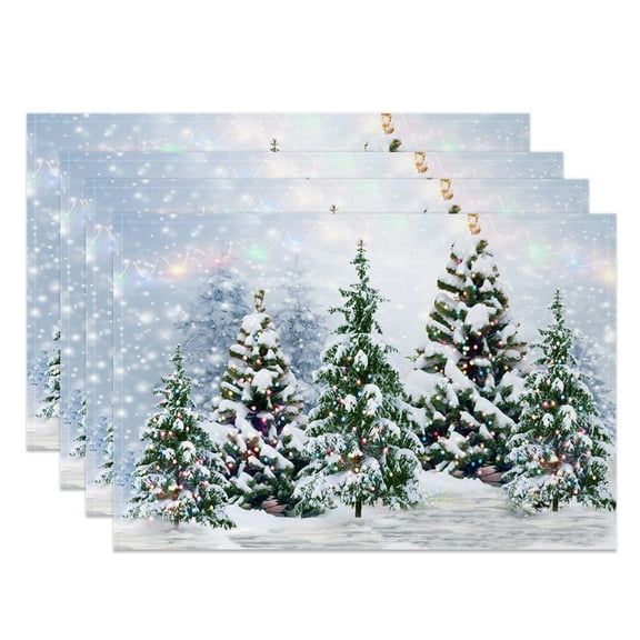 SUNOLIFE Christmas Tree Placemats Set of 4,Winter Forest Snow Scene Party Table Place Mats 12x18 inch