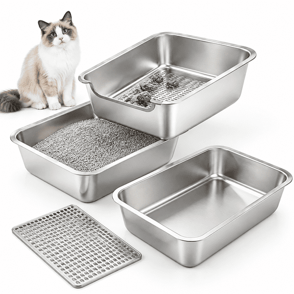 Medium Stainless Steel Sifting Cat Litter Box For Clumping Clay Litter