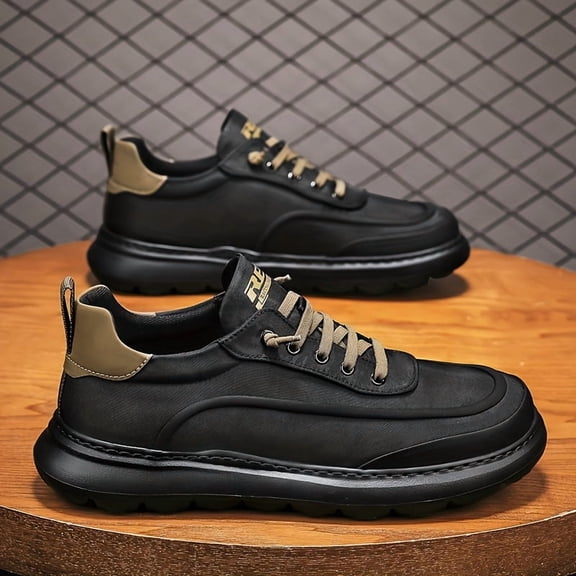 Men's Black Casual Platform Shoes, Waterproof Lace-Up Thick Sole Walking Shoes, Non-Slip Comfortable Work Shoes for Daily Wear, Business Casual
