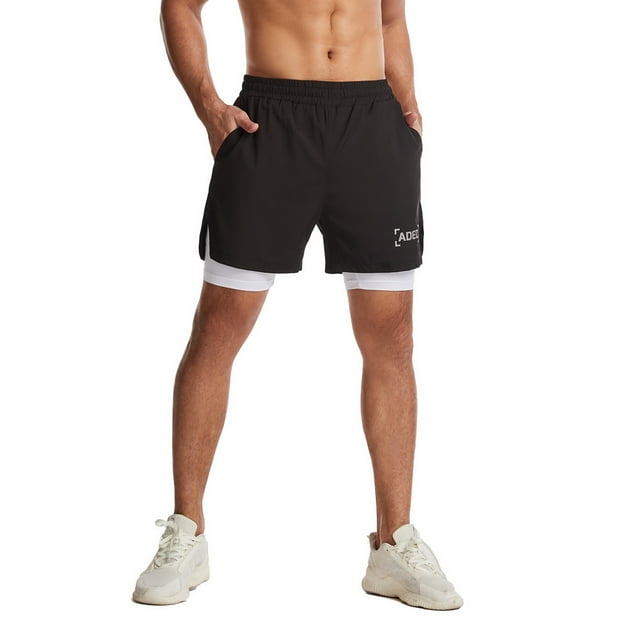 Men's 2 in 1 Double Layer Running Shorts Quick Dry Gym Training Sport