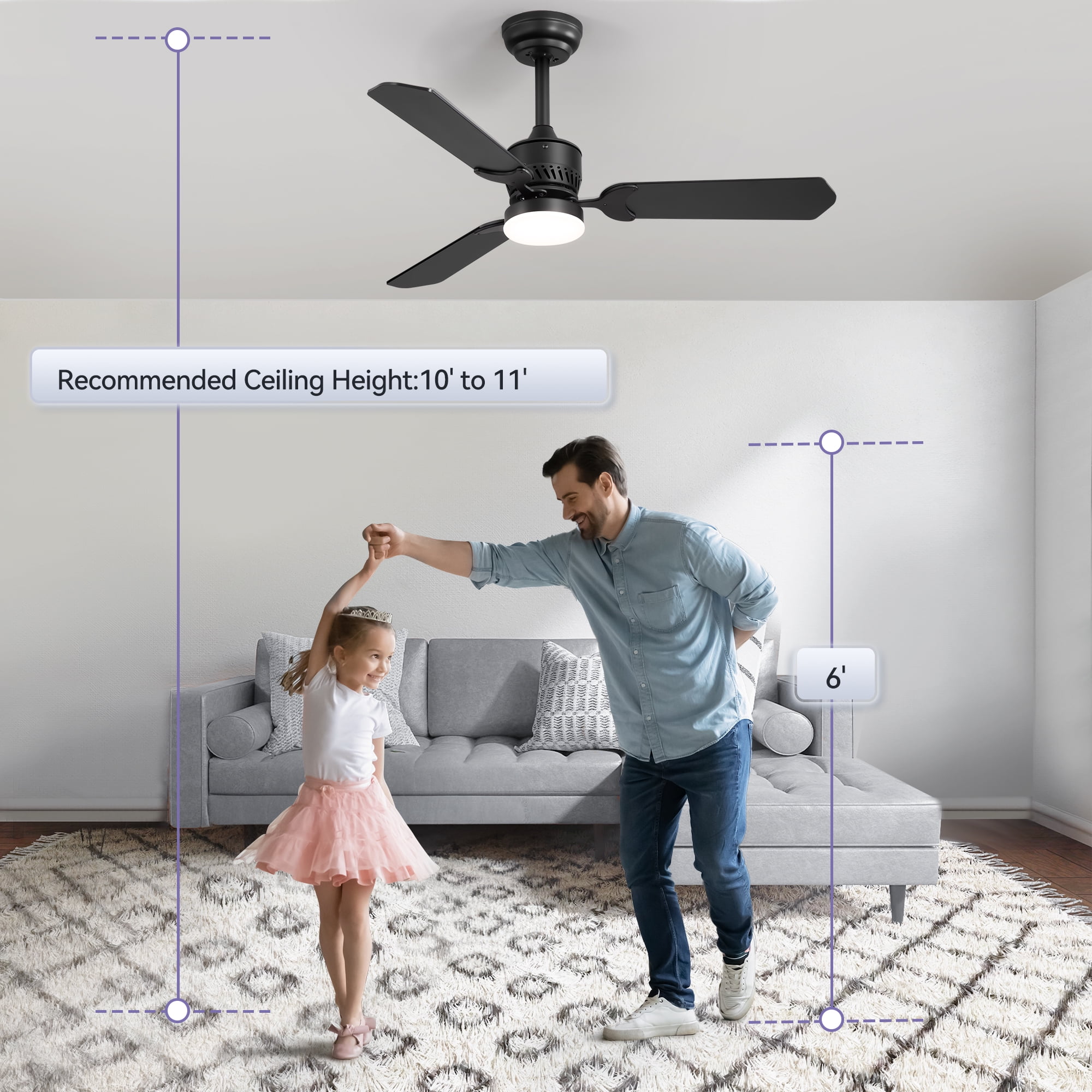 ALKAFY 2-Pack 42 inch Black Modern Ceiling Fan - 3-Blade Smart DC Motor, LED Light & Remote for Bedroom, Living Room
