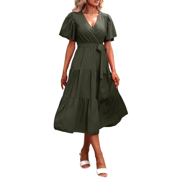 VISgogo Vestido Midi Elegante de Verano para Mujer, Vestido de Manga Corta con Cuello en V de Color Sólido con Cinturón para Fiesta en la Playa VISgogo moda