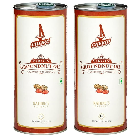 Chekko Cold Pressed Groundnut/Peanut Oil (Virgin, Kachi Ghani, Chekku) | 100% Natural, Pure & Wood Pressed (2L) for Cooking - (1 Litre*Pack of 2)