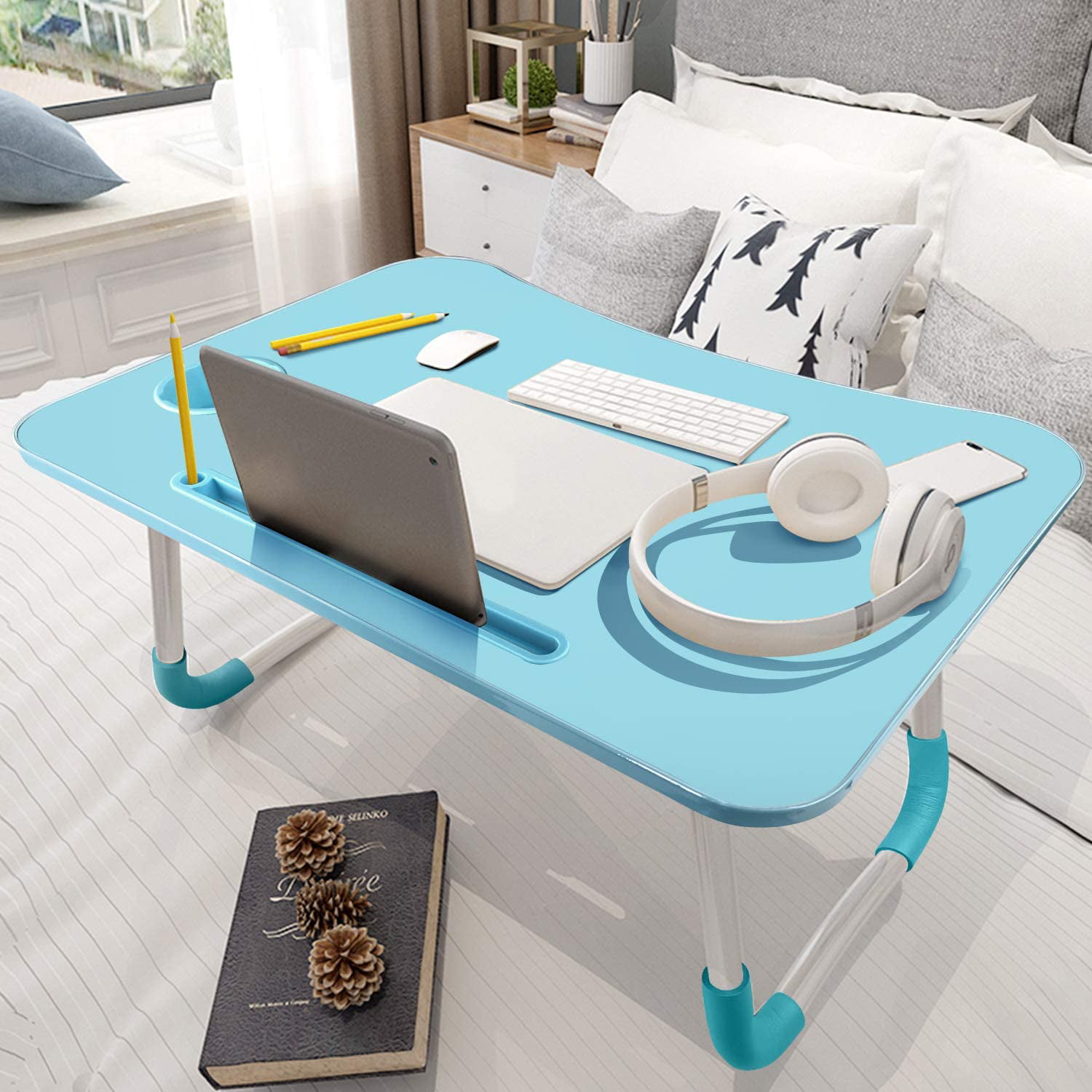 Fordable Lap Desk with Cup Slot & Notebook Stand Breakfast Bed Trays for Eating and Laptops Book Holder Lap Desk for Floor,Couch White Bed Sofa Terrace Balcony KPX Portable Laptop Bed Table 