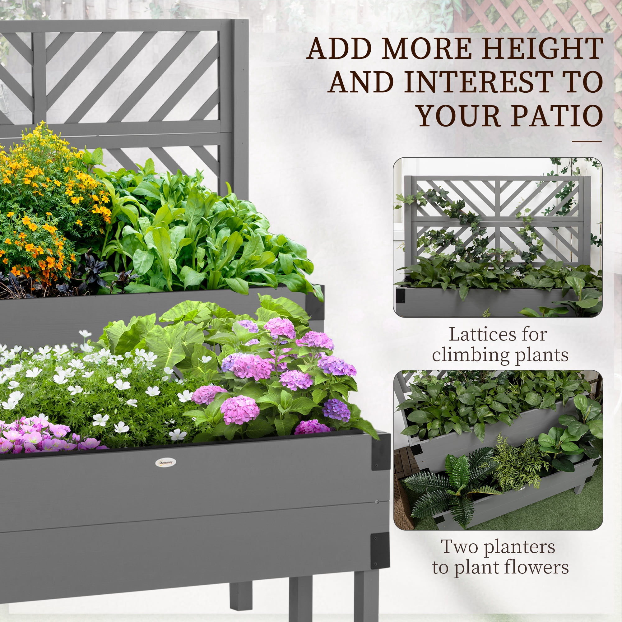 Raised Garden Bed with Trellis, 2 Tier Wooden Elevated Planter Box with Legs and Metal Corners, for Vegetables, Flowers, Herbs, Gray