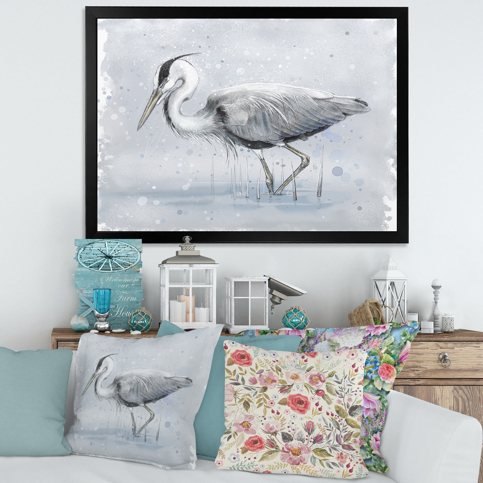 Designart 'Grey Heron Bird In Lake' Farmhouse Framed Art Print