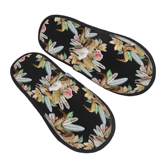 House Slippers for Women Men - goat skull flowers feather vintage Lightweight House Shoes Fuzzy Slippers, Soft Slip-On Cozy House Slippers for Woman Indoor Outdoor