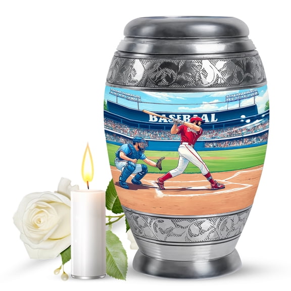 JAGASY Baseball Funeral Burial Urn for Mother, Blue Large Urns for Human Ashes for Women, Blue Sky Baseball Stadium & Grassy Field Decorative Urns for Parents, Cremation Urn for Father, (10 Inch)
