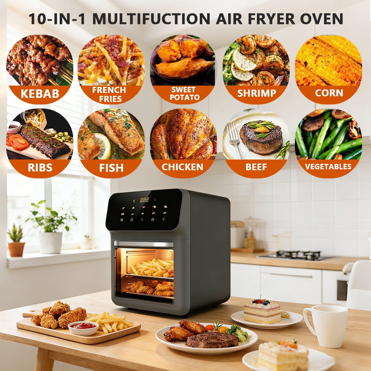SOKANY 12QT Air Fryer Convection Oven 10-in-1 Multifunctional Countertop Oven with Visible Window & Touchscreen, Black