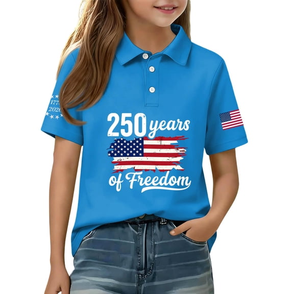 CCRFTGI 4th of July Pique Polo Shirts for Boys Girls Patriotic 250 Anniversary USA Flag Quick Dry School Uniform Shirts for Kids Summer Lapel Collar T Shirt Shirt Blue 12-13 Years
