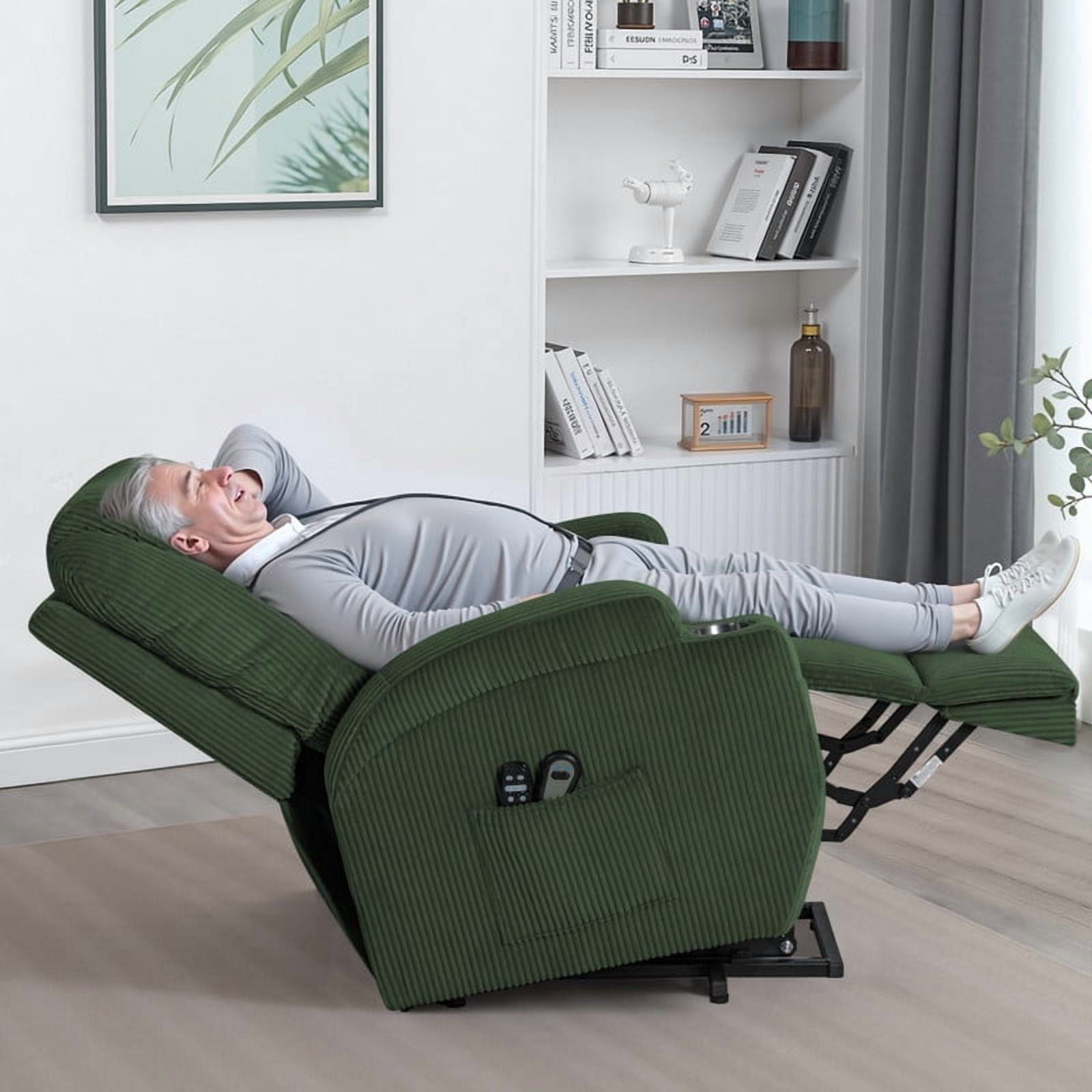 Homall Power Lift Massage Recliner Chair with Eight Vibrating Massages Ergonomic Chair with Side Pocket and Soft Corduroy for Living Room,Green