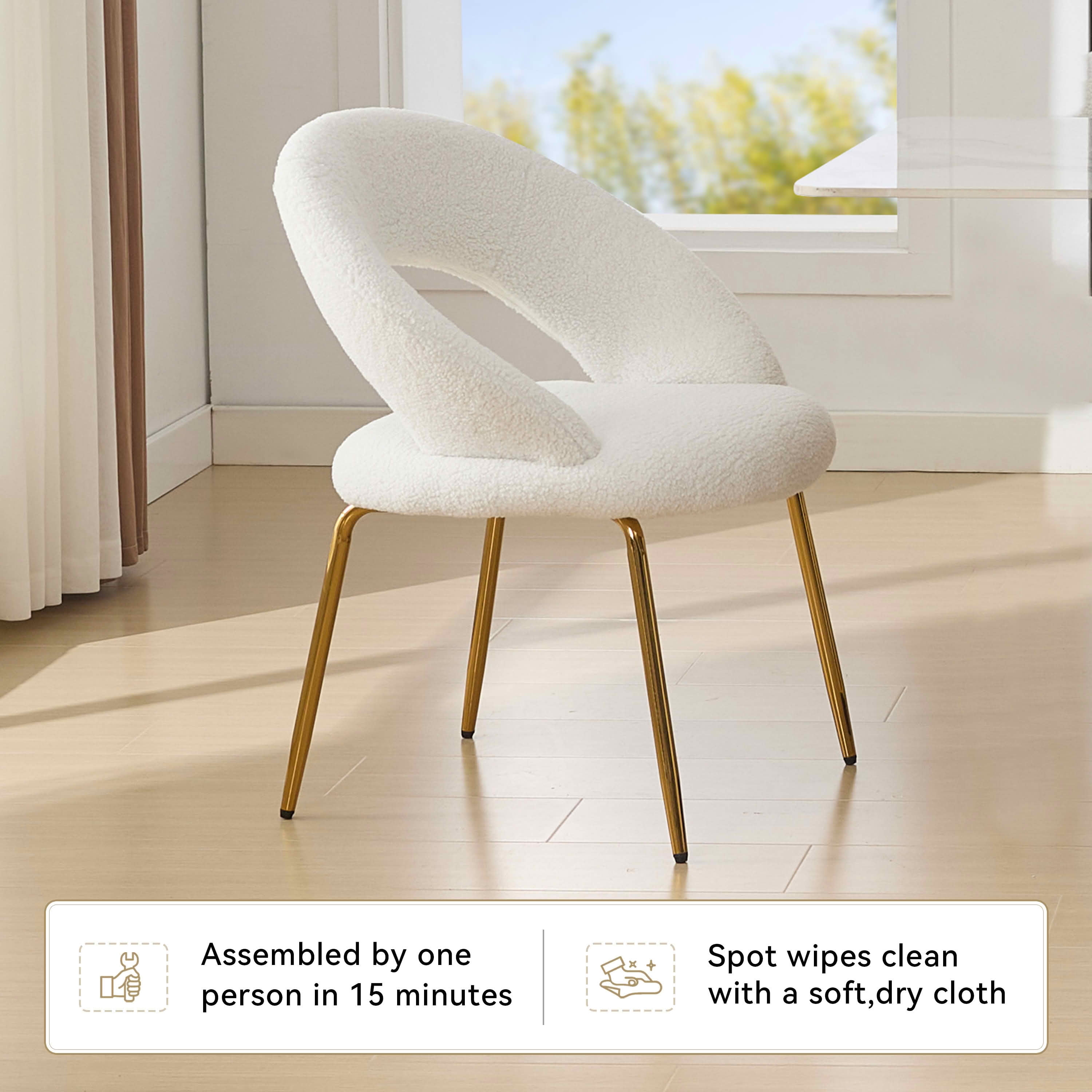 MAYEERTY Set of 1 Teddy Fabric Dining Chair, Curved Backrest & Golden Metal Legs, for Kitchen & Dining Room, White