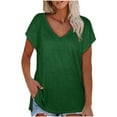 thumbnail image 3 of Green Womens Tops 2025 European and American Fashion Solid Color Slit V Neck Short Sleeved Ladies T Shirts for Women, 3 of 4