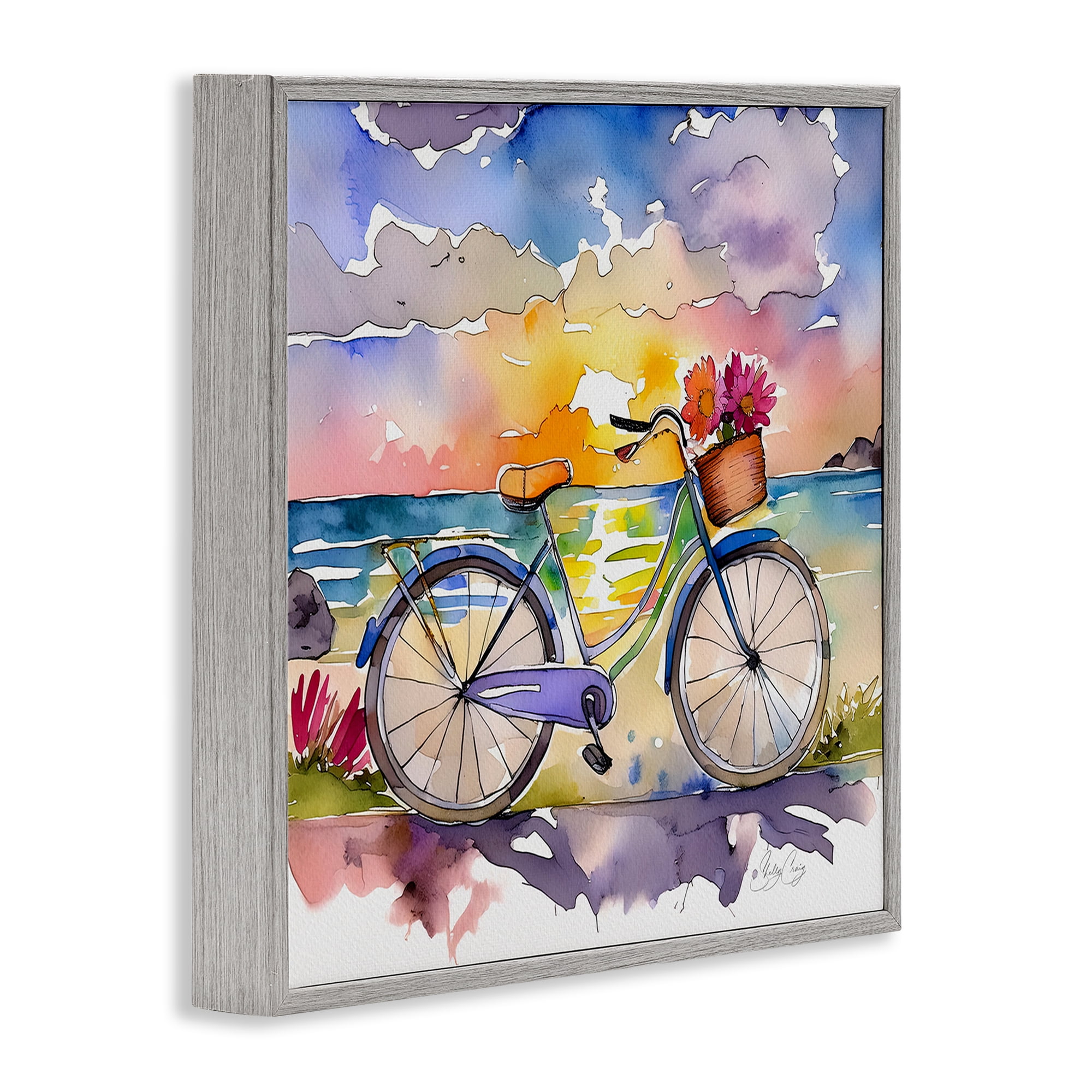 Stupell Industries Bicycle By The Seaside Gray Framed Giclee Art, design by Shelly Craig