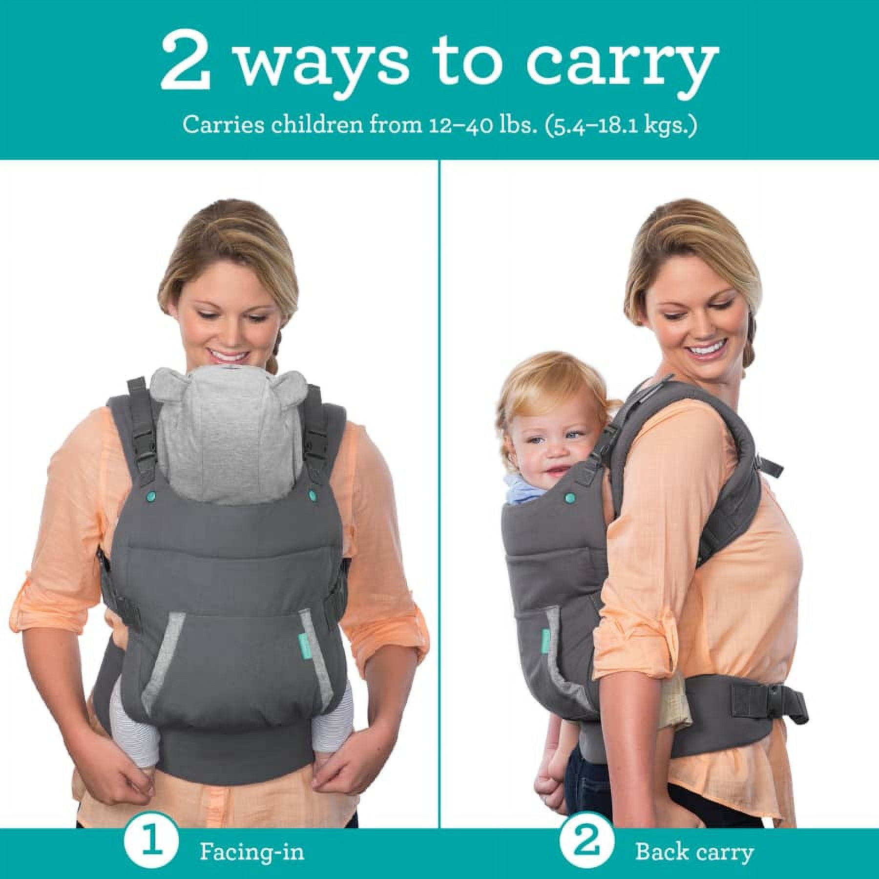 Infantino Cuddle up Ergonomic Hoodie Baby Carrier, 2-Position, 12-40lbs,  Gray Be