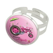 Farm Tractor Country Style Pink Polka Dot Farming Silver Plated Adjustable Novelty Ring