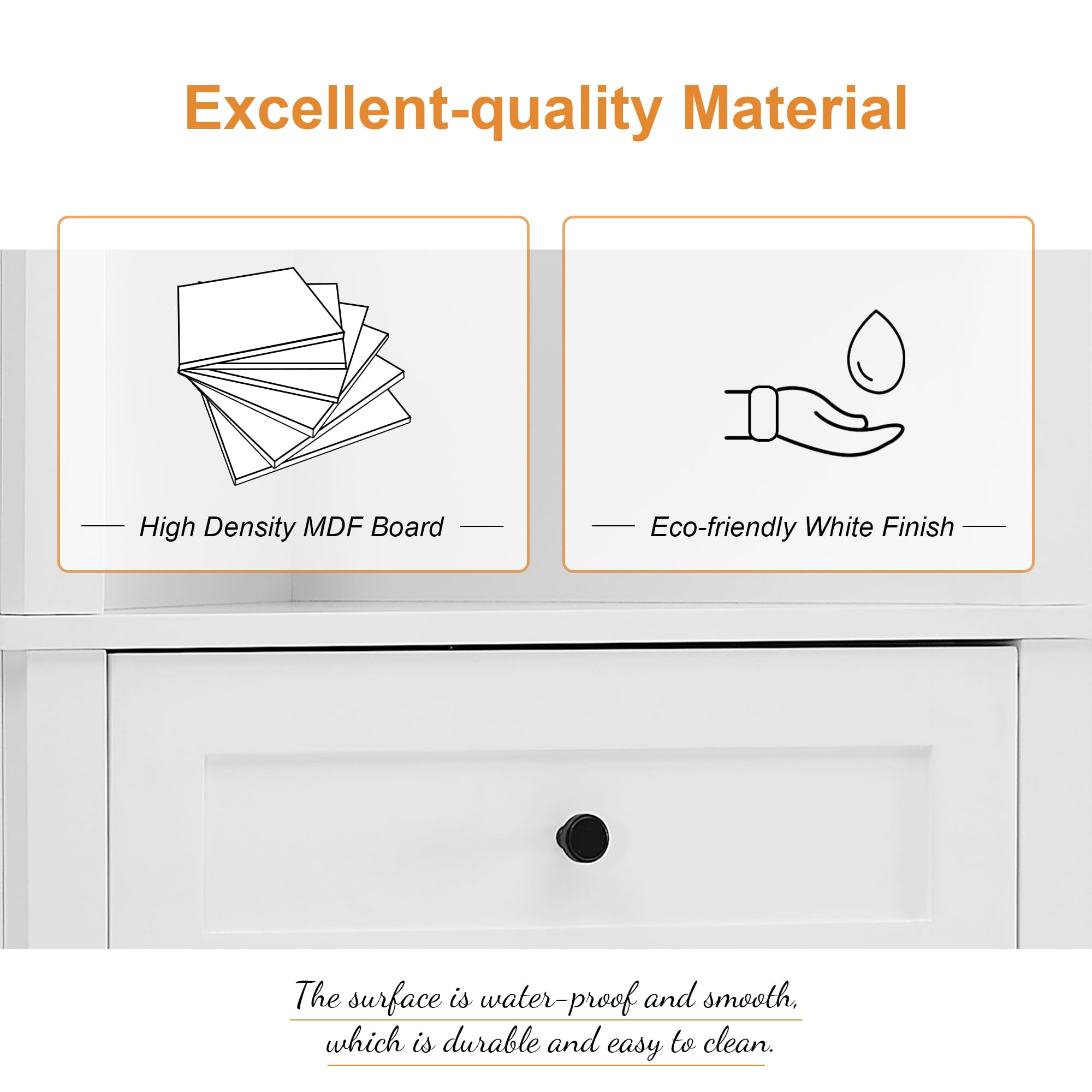 Euroco White Triangle Tall Cabinet with 3 Drawers and Adjustable Shelves for Bathroom, Kitchen or Living Room, MDF Board with Painted Finish
