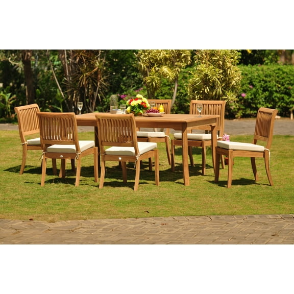 Teak Dining Set: 6 Seater 7 Pc: 71" Rectangle Table & 6 Stacking Arbor Armless Chairs Outdoor Patio Grade-A Teak Wood WholesaleTeak #WMDSABr